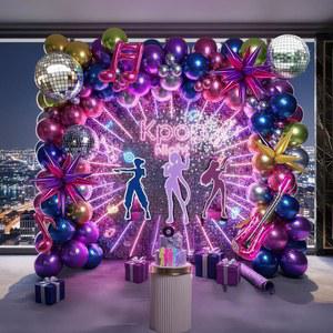 핫 핑크 퍼플 그린 블루 실버 골드 메탈릭 풍선 키트 라텍스 스타 디스코 볼 80년대 졸업생을 위한 K-팝 음악 테마 장식 90년대 팬 프로모션 학사