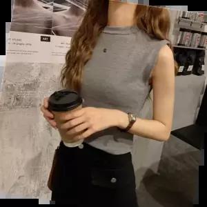 캐주얼 여성 데일리 기본 민무늬 라운드 크롭 나시티