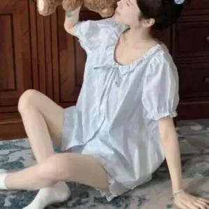 [라일리여성언더웨어] Rly 여성 여름 리본 프릴 반팔 반바지 파자마 잠옷