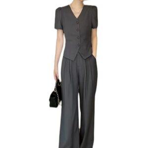 세련된 투피스 정장 반팔 여성 와이드팬츠 세트 자켓 정장