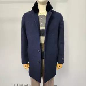 [파렌하이트]천연모피 탈부착 하이넥 모직코트 네이비멜란지