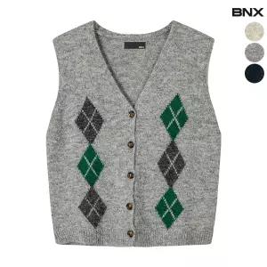 여성 브이넥 아가일 니트 조끼