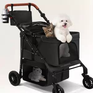 제스턴텐 반려견 유모차 2마리 소형견 반려동물 360° 올터레인 4륜 고양이 및 조절 가능한 손잡이 캐노피