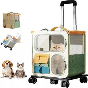 바퀴 달린 고양이 캐리어 접이식 롤링 펫 부드러운 애완동물 핸드백 백팩 소형견 중형 외출용 개 최대