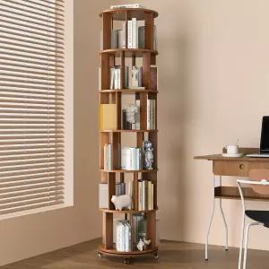 IUNVR 6단 책장 타워 360° 회전 휠이 있는 견고한 나무 작은 공간을 위한 바닥 서 홈 오피스 공부방 침실