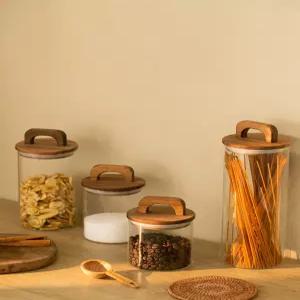 유리 밀폐용기 고붕규유리 나무손잡이 가정용 파스타보관 밀폐캔 6색 주방수납 복고스타일