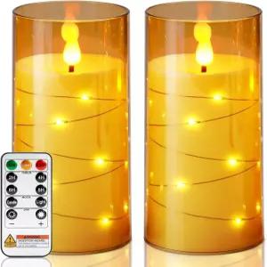 스타 스트링 요정 조명이 내장된 홈 메모리 불 없는 양초 배터리 작동 LED 리모컨과 타이머가 있는 가짜