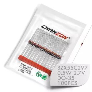 100개들이 팩 찬존 BZX55C2V7 1N5223B 제너 다이오드 0.5W 2.7V DO35 DO204AH 축 0.5와트 2.7볼트