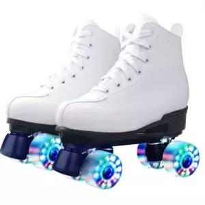 LED 롤러스케이트 4륜 광폭 바퀴 성인용 가죽 화이트 플래시 롤러 슈즈 입문용 세트
