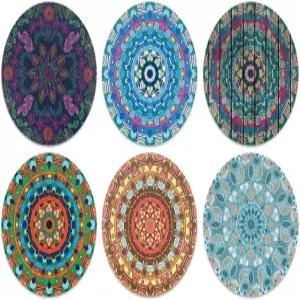 카리부 코스터즈 보헤미안 만다라 원 디자인 흡수성 라운드 패브릭 펠트 네오프렌 음료 6개 세트