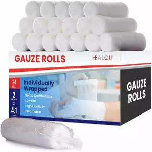 힐큐 프리미엄 거즈 롤 - 2피트 x 4.1야드 24롤 개별 포장된 순응 스트레치 붕대 1차 드레싱 지원을 위한