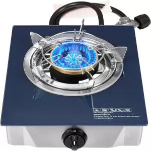 닥터캠프 프로판 레인지 12000 BTU 싱글 버너 유리 탑 야외 캠핑 스토브 CSA 상장 레귤레이터 및 호스 포함