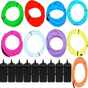 JYTrend 9팩 9피트 네온 라이트 엘 와이어(블루 그린 레드 화이트 오렌지 퍼플 핑크 옐로우 아쿠아) 배터리