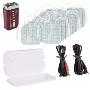 TENS 7000 패드 교체 배터리 키트 - 프리미엄 유닛 16개 리드 와이어 4개 9볼트 자극 패드용 전극 홀더 1개