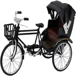 1 12 스케일 인형의 집 세 바퀴 자전거 모델 메탈 릭샤 실물 같은 빈티지 미니 피규어 블랙 가구 동상 야외