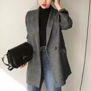 |CCJ6CB4|여성 체크 롤업 소매 더블버튼 세미 루즈핏 블레이저