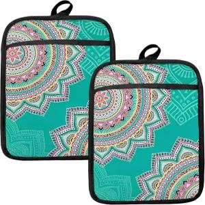 주방용 청록색 추상 만다라 꽃 냄비 홀더 보호 컬러풀 민족 식물 내열 핫 패드 및 베이킹 요리용 오븐 미트
