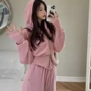 [콩심팥심]후드집업 크롭 트레이닝 후드 와이드 투피스 하이 웨스트 여성