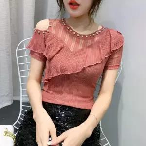 어깨포인트 시스루 라인댄스복 반팔 라틴 방송 댄스상의