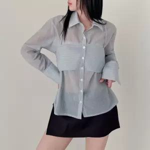 여자 시스루 레이어드탑 뷔스티에 매듭 줄무늬 봄 셔츠