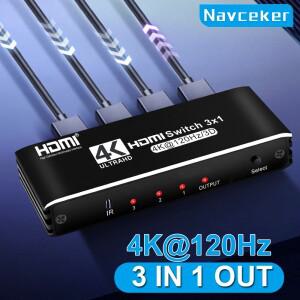 Navceker HDMI 2.1 스위처, Xbox PS5 모니터용 리모컨 컨버터 포함, HDMI 호환 스위치, 8K, 60Hz, 4K, 120H