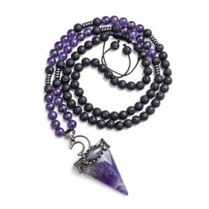 조비비 6mm 천연 자수정 크리스탈 진자 목걸이 용암 암석 래브라도라이트 힐링 차크라 삼각 월 25인치 조절 가능