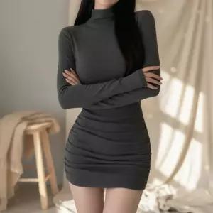 여성 셔링 터틀넥 긴팔 슬림 미니 원피스