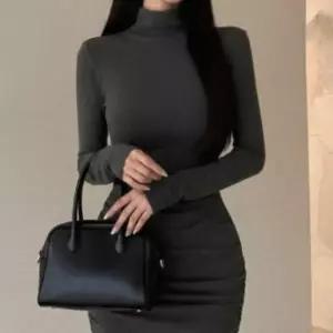 여성 셔링 터틀넥 롱슬리브 슬림 미니 드레스