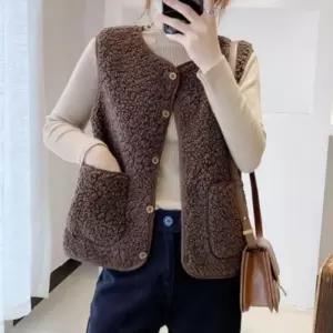 여성 루즈핏 따뜻한 퍼 양털 포켓 조끼