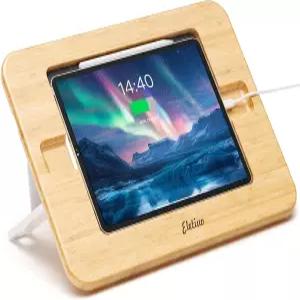 엘레티우오 대나무 태블릿 스탠드 연필 무선 충전기 및 케이블 슬롯으로 멀티 앵글 조절 가능 접이식