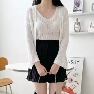 2LABB 10141024SET 여자얇은나시니트가디건세트 브이넥니트 가디건 롱기장 롱 도트 여성 봄가을가디건 롱가