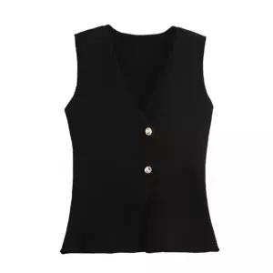 수사니 골드버튼니트조끼탑 니트조끼 검은색 조끼베스트 여성조끼 니트베스트 여성조끼 V넥니트 봄베스트
