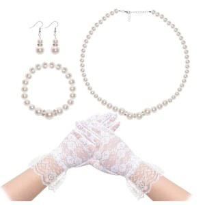 여성 여성용 Avxdbr 4피스 진주 주얼리 세트 쁘띠 핏 인조 목걸이 조절 가능 체인 귀걸이 결혼식 티 파티 프롬 공식 액세서리용 스트레치 팔찌 레이스 장갑
