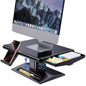 NIFBANG 책상용 컴퓨터 모니터 스탠드 라이저, 14.9-16.5cm(5.7-6.5인치) 높이 조절가능, 보관 서랍 및 스마트폰 홀더, 작업 공간 데스크탑 오거나이저 라이저 선반, 컴퓨터, 노트북, 프린터, TV용