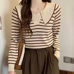 여자 봄 가을 카라 니트 배색 줄무늬 긴팔티 니트탑 (KYR-WFFPG9Q)