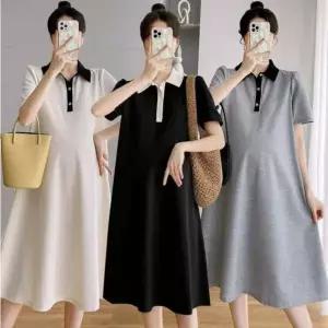 여성용 심플 카라 미디 반팔 원피스 임산부 여름 의류