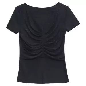 오아픽 11번가 여성 브이넥 앞 라인 큐빅 반팔 티셔츠 상의 댄스복