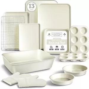 컨트리 키친 논스틱 스태커블 베이킹웨어 세트 - 디럭스 헤비 듀티 내구성 이지 릴리스 베이킹 크림 13개