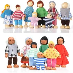 Jzzera 15개 나무 인형의 집 움직이는 팔다리를 가진 사람들 가족 피규어 교육용 시늉 놀이