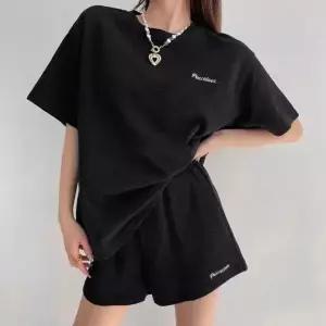 여성용 레터링 무늬 와플 원단 반팔 티셔츠 반바지