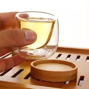 이중 내열유리 찻잔 + 우드받침대 50ml 홍차잔 투명잔