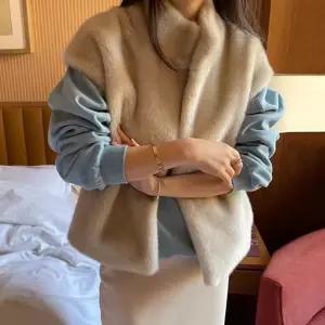 인조 밍크털 퍼조끼 노카라 하이넥 아우터 털자켓 두꺼운 페이크퍼 캡소매 프리사이즈