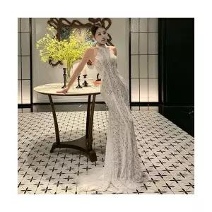 미에스틸로 여성 쉬폰 스커트 시폰 가을 레이스 홀터넥 이브닝드레스 백오픈 머메이드 드레스 ADOR3