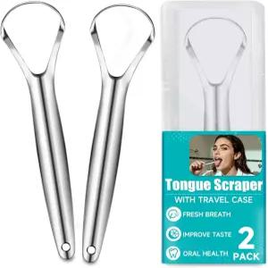 EZ COZY 2팩 혀 스크레이퍼 구취 감소 여행용 케이스 포함 클리너 스테인리스 스틸 브러시 구강 관리 및