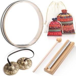 마 3세트 명상 악기에는 교사 교실 관리를 위한 드럼스틱이 있는 티베트 팅샤 심벌즈 원톤 차임벨과 드로스트링 천 가방이 웨이브 비드 씨 드럼이 포함되어 있습니다