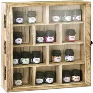 힌지가 있고 투명한 강화 유리 상판이 있는 키 디자인 나무 컬렉션 디스플레이 케이스 미니 피규어 에센셜