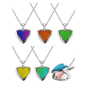 소녀용 히카러 하트 무드 로켓 목걸이 색상 변경 스테인리스 스틸 온도 감지 모양 사진 펜던트 생일 발렌타인 선물