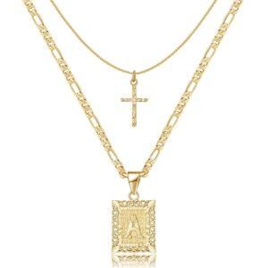 KELORIS PATH 골드 레이어드 이니셜 크로스 목걸이, 14K 도금 스퀘어 레터 펜던트 피가로 체인 초커 여성용 A-Z 캐피탈 주얼리 제품