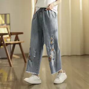 여성청바지 허리밴딩 플라워 자수 디스트로이드 진 신상 9부 청바지 심쿵직구
