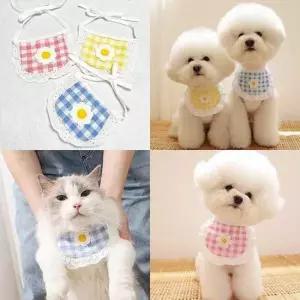 [반려] 데이지 자수 패치 레이스 체크패턴 강아지 고양이 케이프 목걸이 턱받이